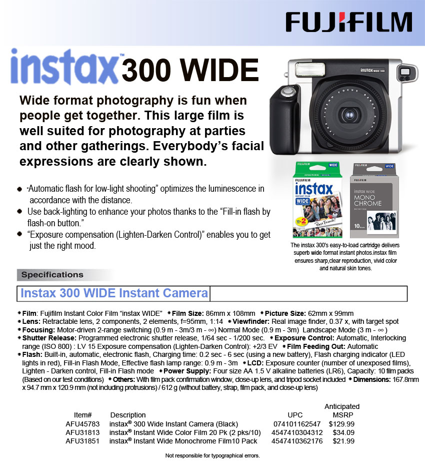 Fujifilm INSTAX Wide 300 Fuji Instant Camera Black + 20 Film Bundle 