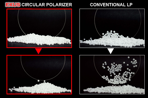 Comparison image of styrofoam clinging to a conventional filter while the EXUS filter does not gather any styrofoam from electromagnetic static